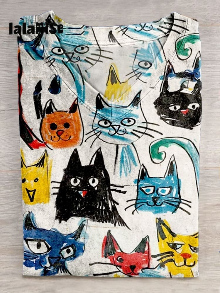 Cute Kid Drawing Cat Art Print Casual Short Sleeve T-shirt
